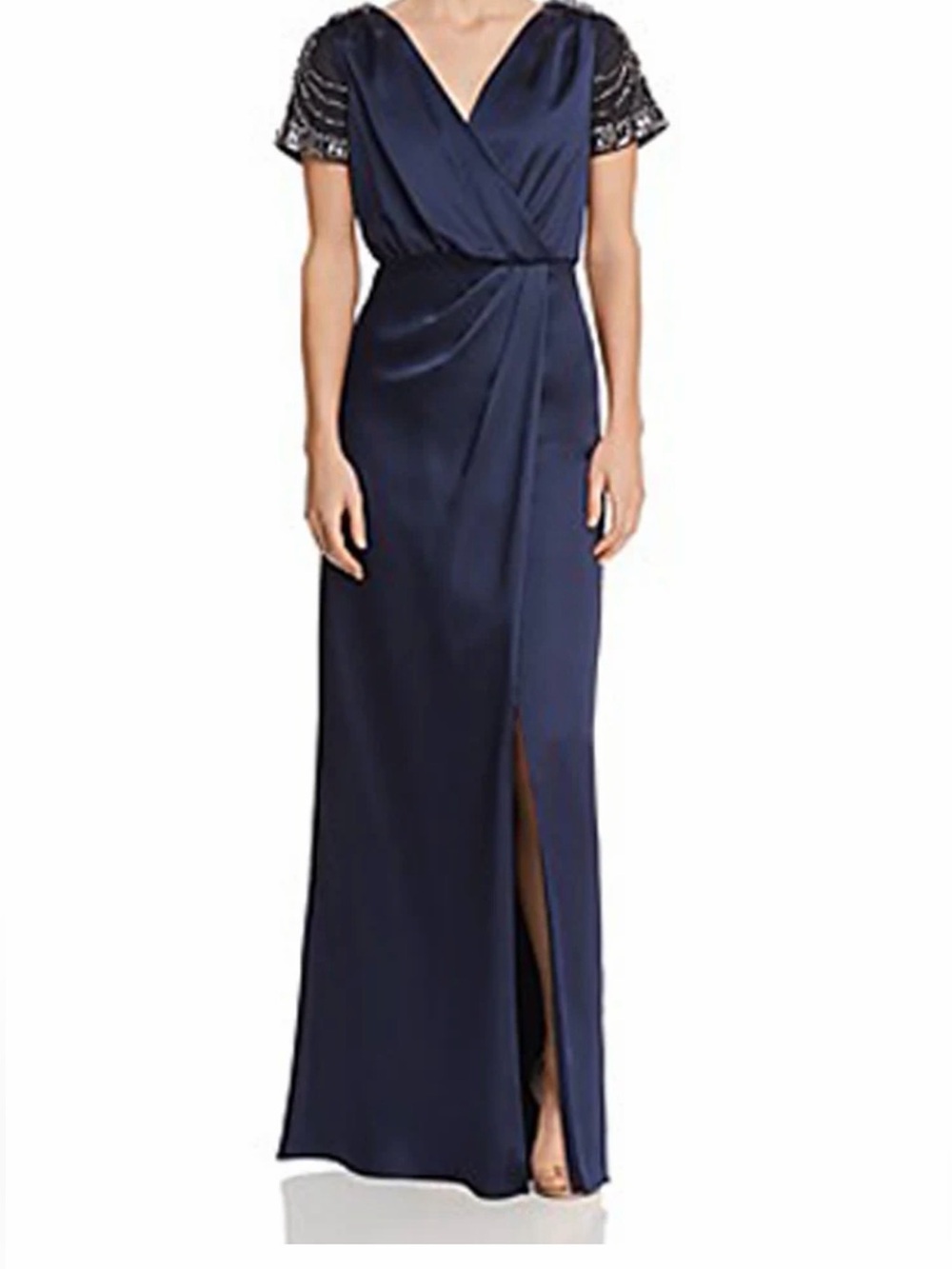 Satin Maxi Skirt with Front Slit - Navy